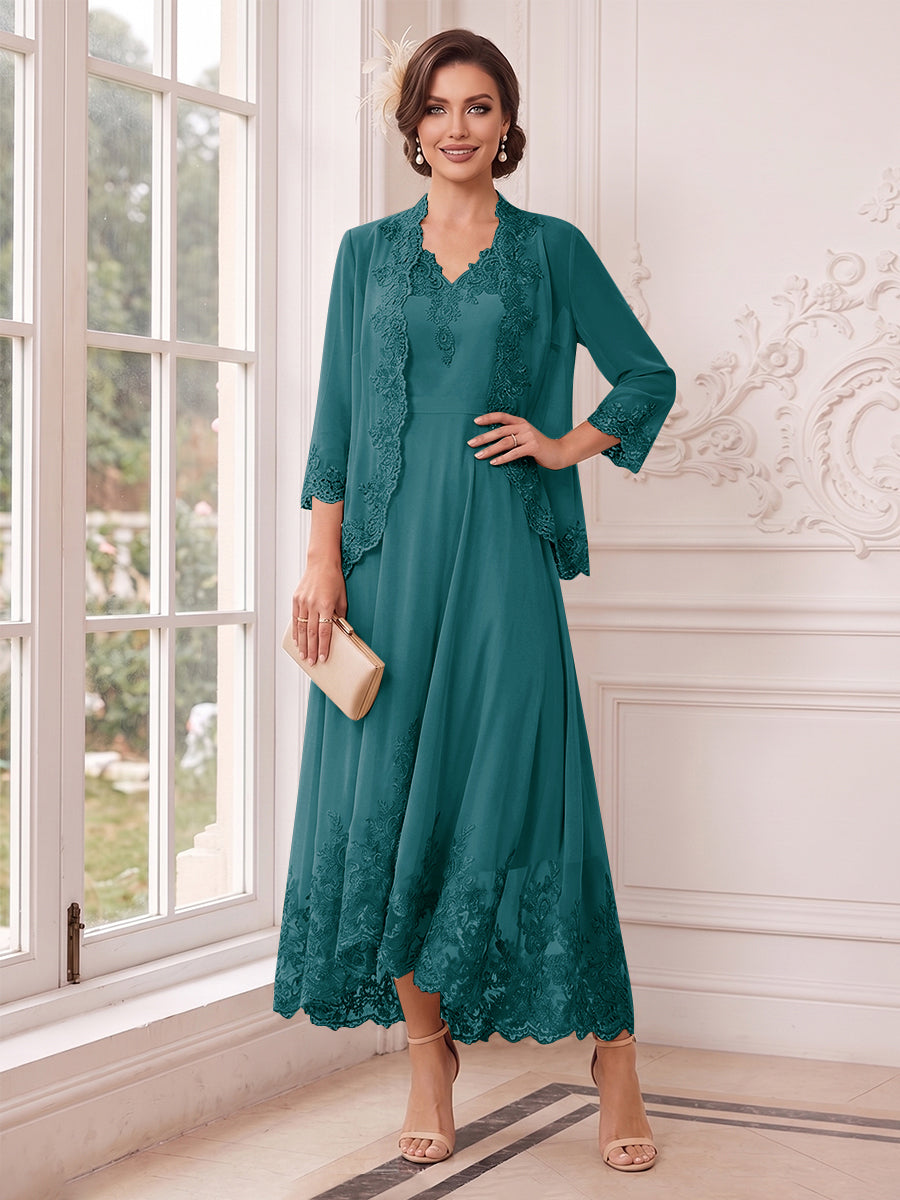 A-Line/Princess V-Neck 3/4 Sleeves Ankle-Length Mother of the Bride Dresses with Jacket &amp; Applique