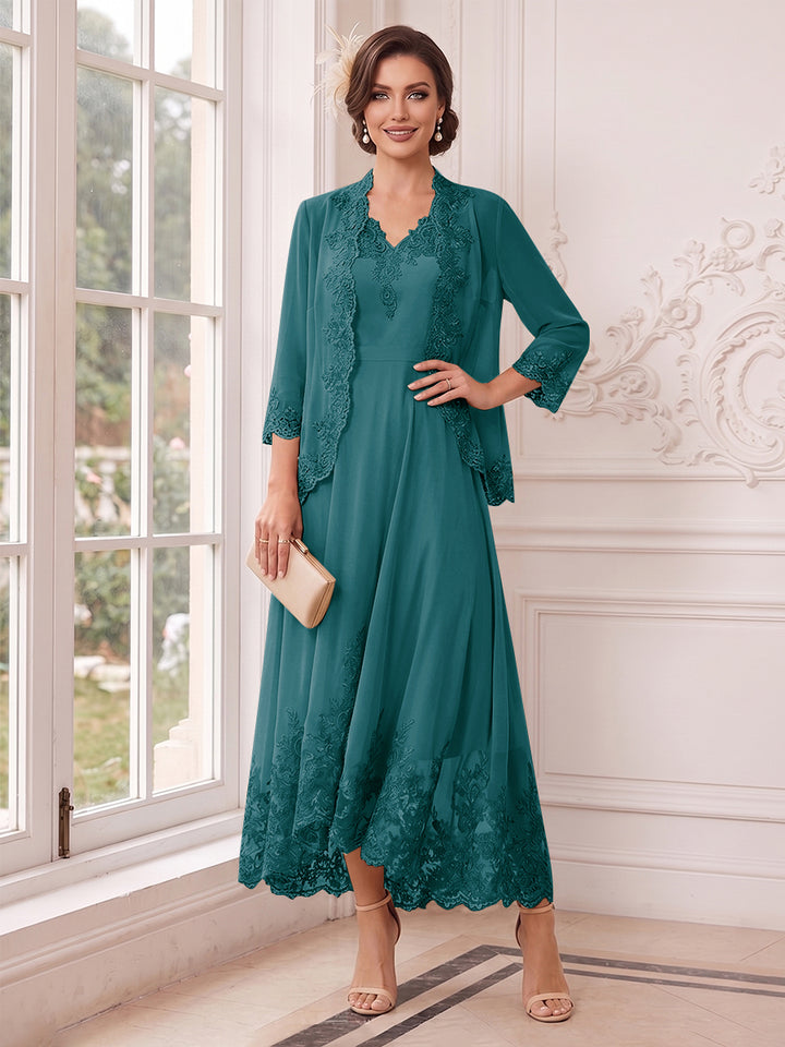 A-Line/Princess V-Neck 3/4 Sleeves Ankle-Length Mother of the Bride Dresses with Jacket &amp; Applique