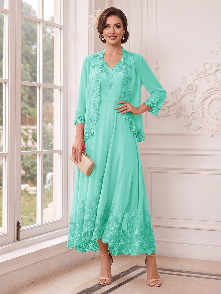 A-Line/Princess V-Neck 3/4 Sleeves Ankle-Length Mother of the Bride Dresses with Jacket &amp; Applique