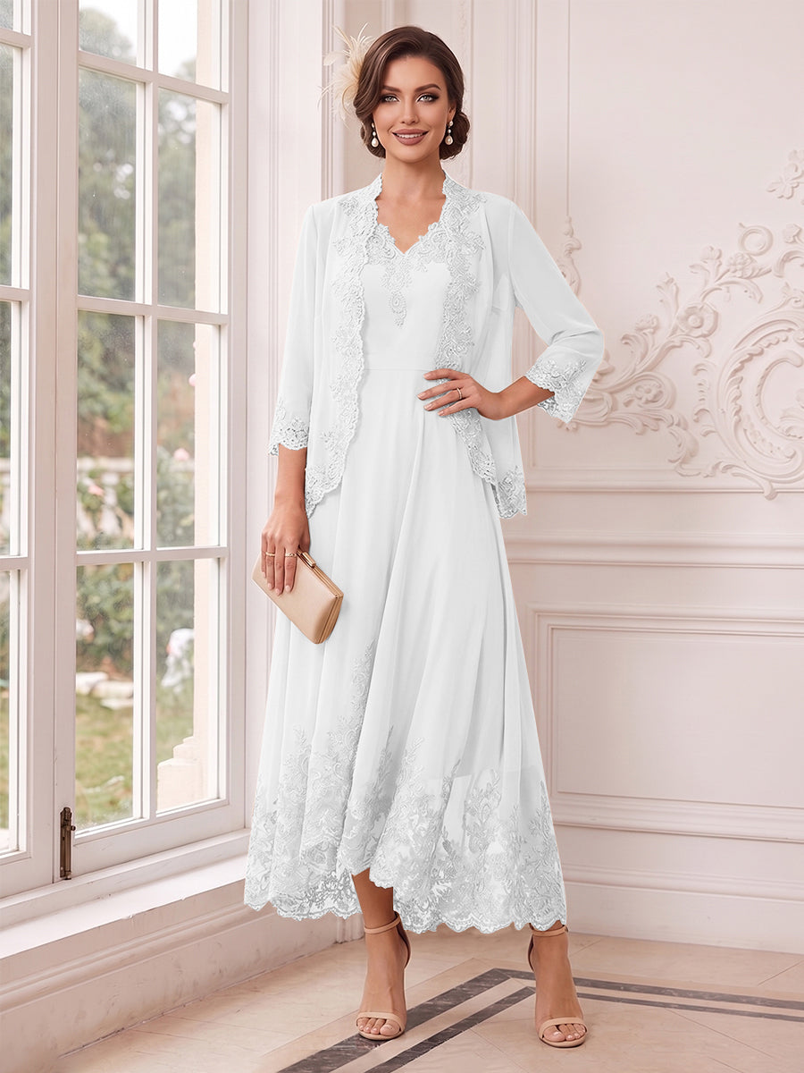 A-Line/Princess V-Neck 3/4 Sleeves Ankle-Length Mother of the Bride Dresses with Jacket &amp; Applique