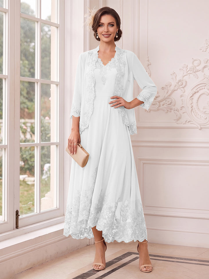 A-Line/Princess V-Neck 3/4 Sleeves Ankle-Length Mother of the Bride Dresses with Jacket &amp; Applique