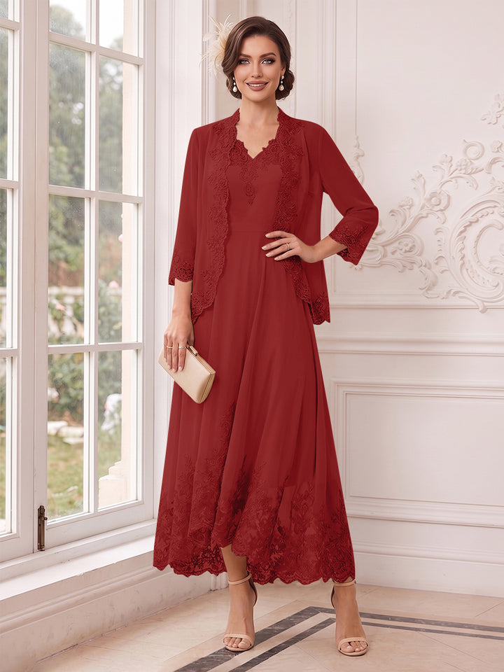 A-Line/Princess V-Neck 3/4 Sleeves Ankle-Length Mother of the Bride Dresses with Jacket &amp; Applique