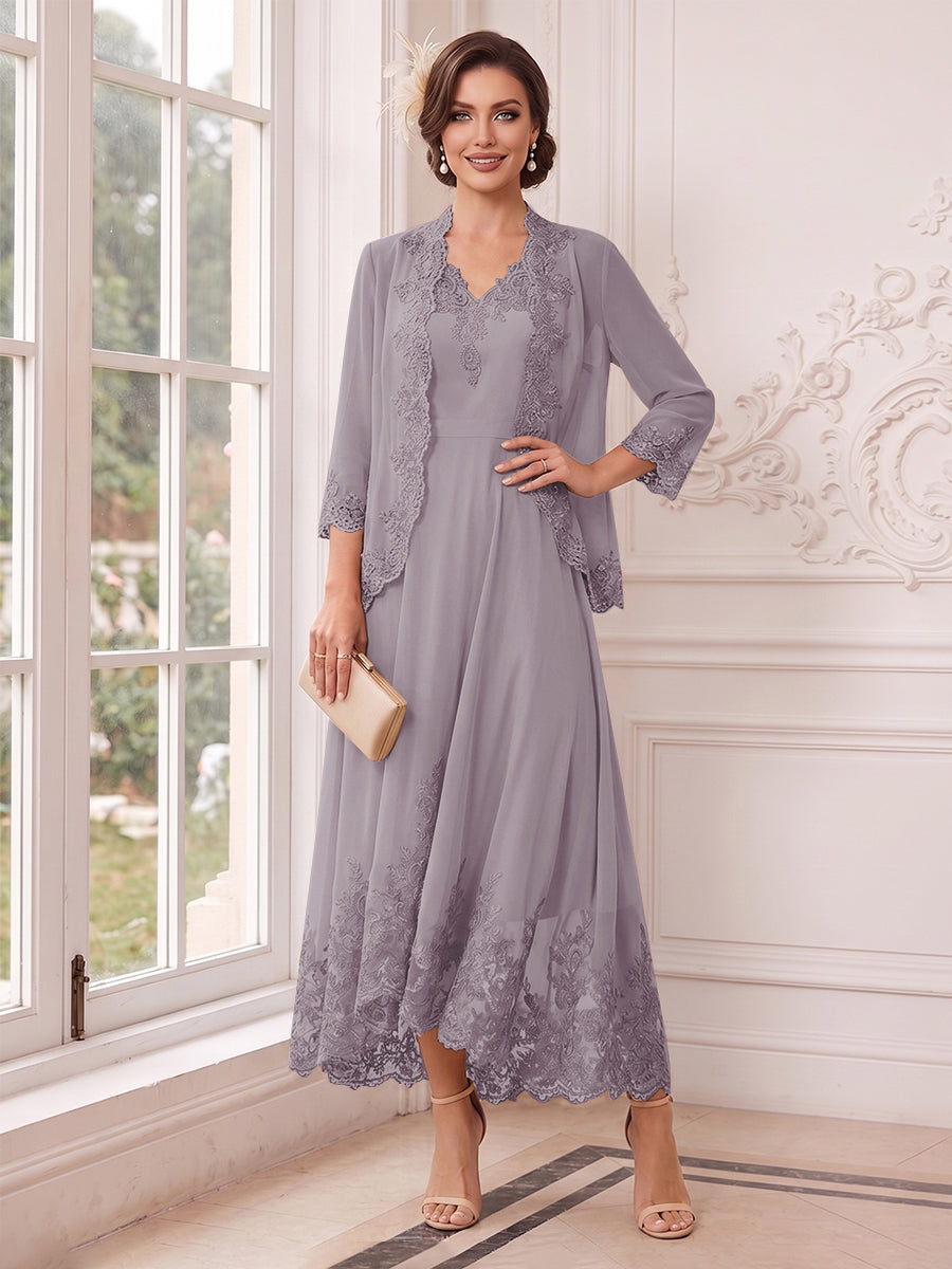 A-Line/Princess V-Neck 3/4 Sleeves Ankle-Length Mother of the Bride Dresses with Jacket &amp; Applique