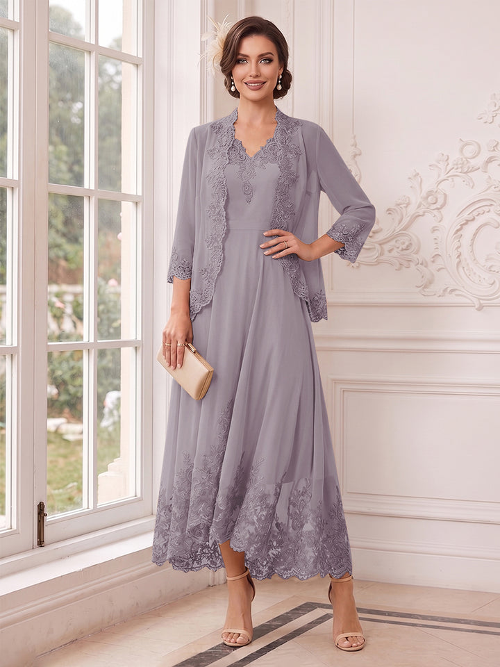 A-Line/Princess V-Neck 3/4 Sleeves Ankle-Length Mother of the Bride Dresses with Jacket &amp; Applique