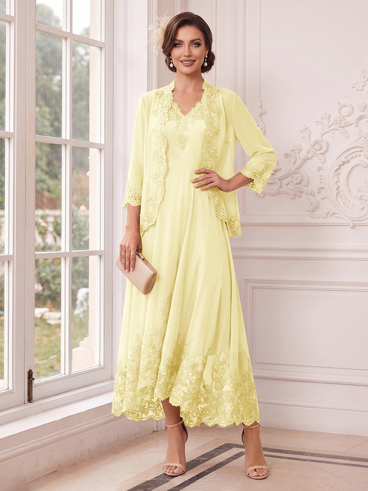 A-Line/Princess V-Neck 3/4 Sleeves Ankle-Length Mother of the Bride Dresses with Jacket &amp; Applique