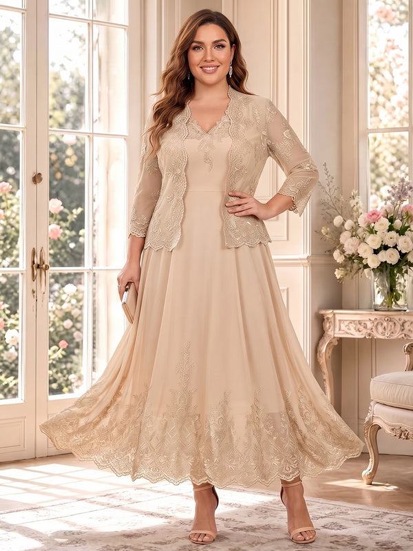 A-Line/Princess V-Neck 3/4 Sleeves Chiffon Ankle-Length Plus Size Mother of the Bride Dresses with Jacket & Applique