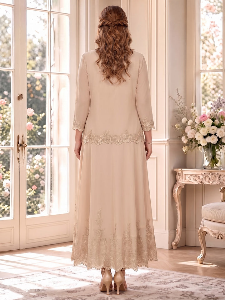 A-Line/Princess V-Neck 3/4 Sleeves Chiffon Ankle-Length Plus Size Mother of the Bride Dresses with Jacket &amp; Applique