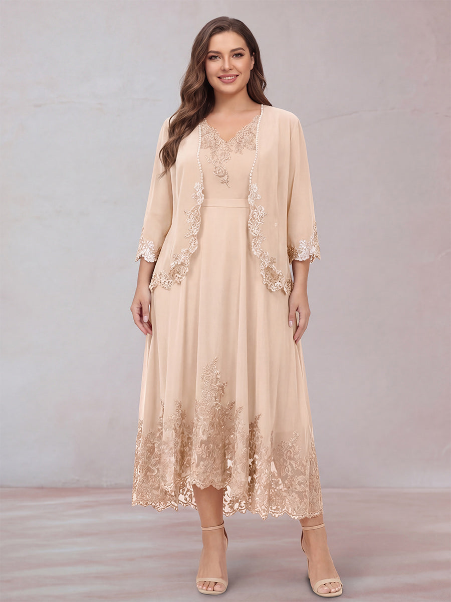Chiffon V-Neck 3/4 Sleeves Plus Size Mother of the Bride Dresses with Appliques