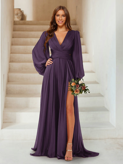 Plum Purple Long Sleeve Bridesmaid Dresses Light Purple Long
