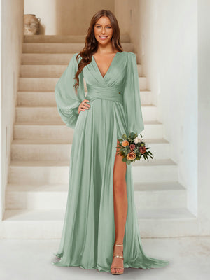 A-Line/Princess V-Neck Long Sleeves Floor Length Bridesmaid Dresses with Split Side