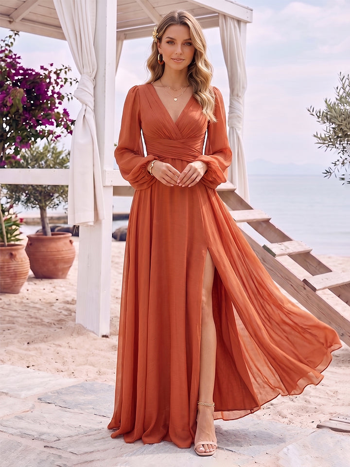 A-Line/Princess Long Sleeves V-Neck Floor Length Bridesmaid Dresses with Split Side