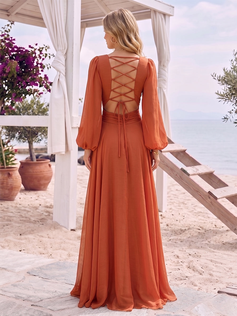 A-Line/Princess Long Sleeves V-Neck Floor Length Bridesmaid Dresses with Split Side