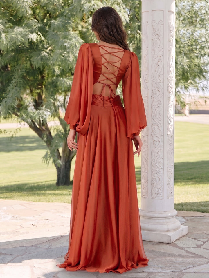 A-Line/Princess V-Neck Long Sleeves Floor Length Wedding Guest Dresses with Split Side