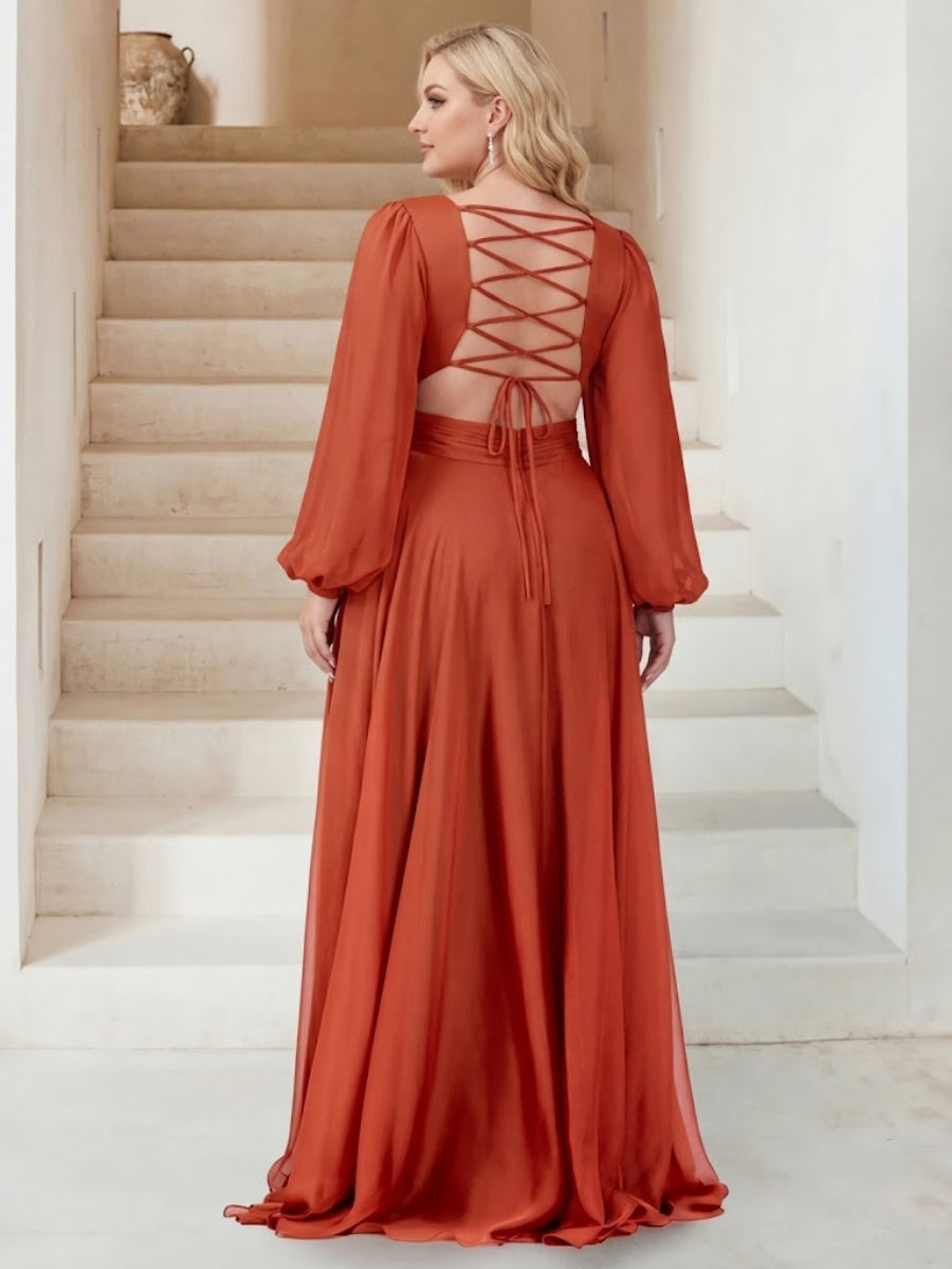 A-Line/Princess V-Neck Long Sleeves Floor Length Plus Size Bridesmaid Dresses with Split Side
