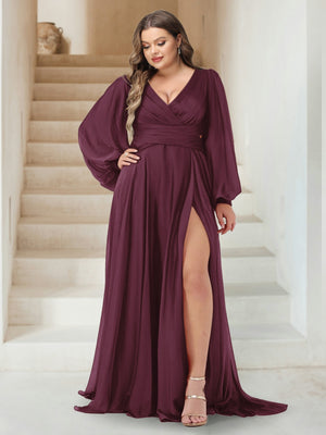 A-Line/Princess V-Neck Long Sleeves Floor Length Plus Size Bridesmaid Dresses with Split Side