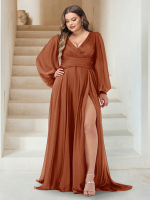 A-Line/Princess V-Neck Long Sleeves Floor Length Plus Size Bridesmaid Dresses with Split Side