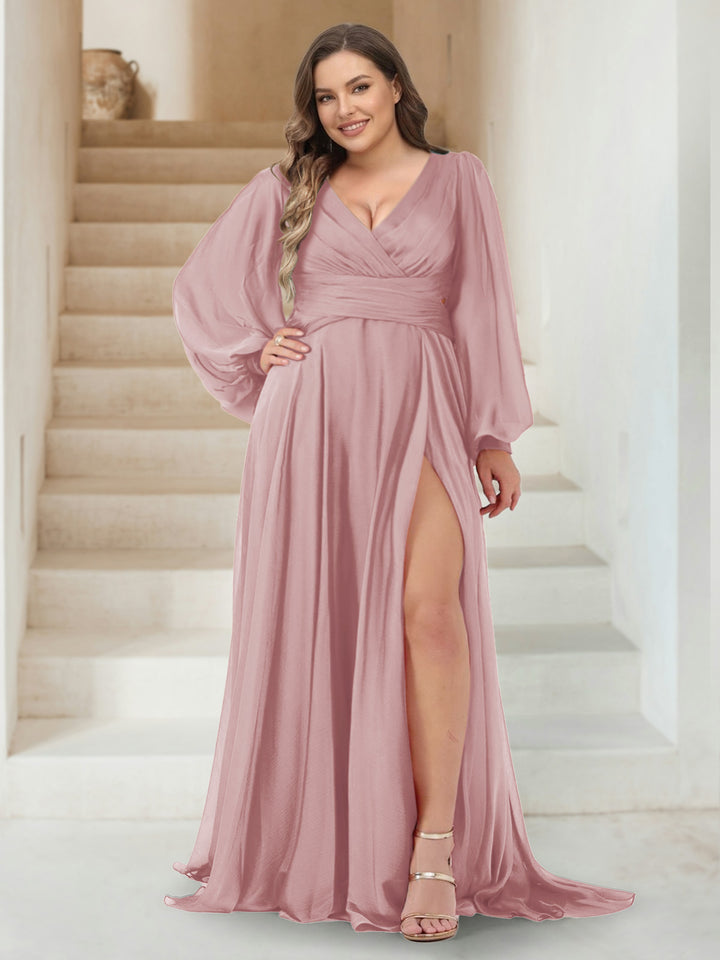 A-Line/Princess V-Neck Long Sleeves Floor Length Plus Size Bridesmaid Dresses with Split Side