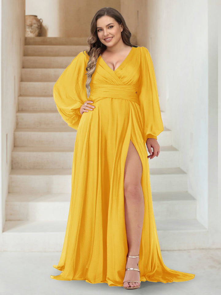 A-Line/Princess V-Neck Long Sleeves Floor Length Plus Size Bridesmaid Dresses with Split Side