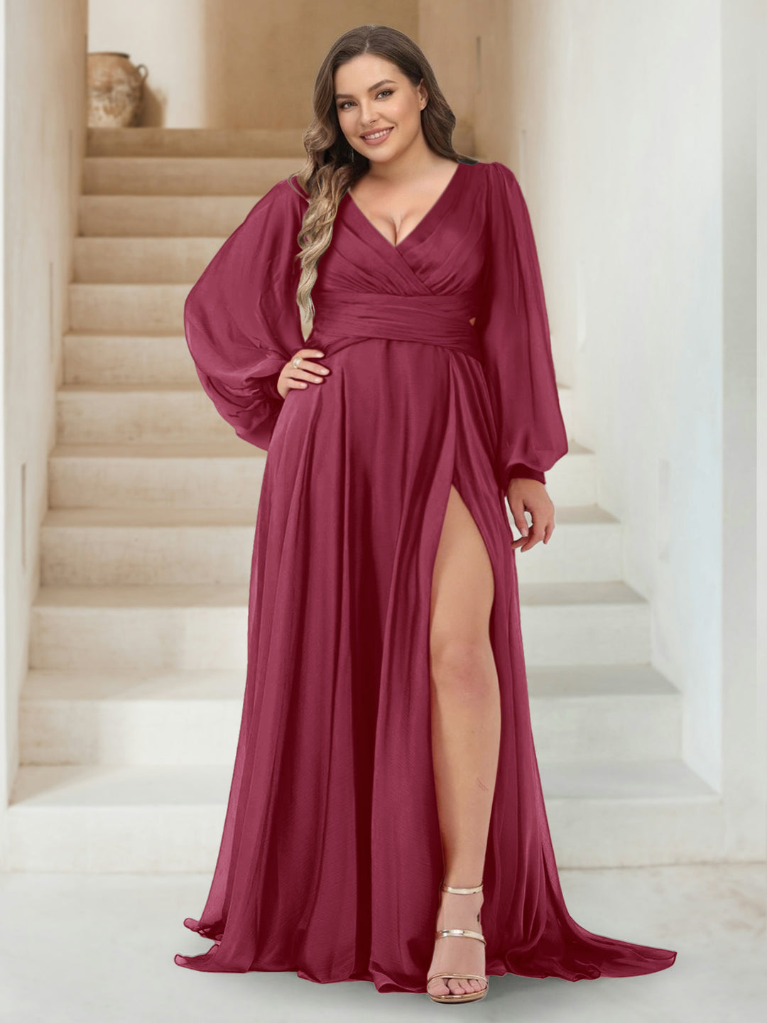 A-Line/Princess V-Neck Long Sleeves Floor Length Plus Size Bridesmaid Dresses with Split Side