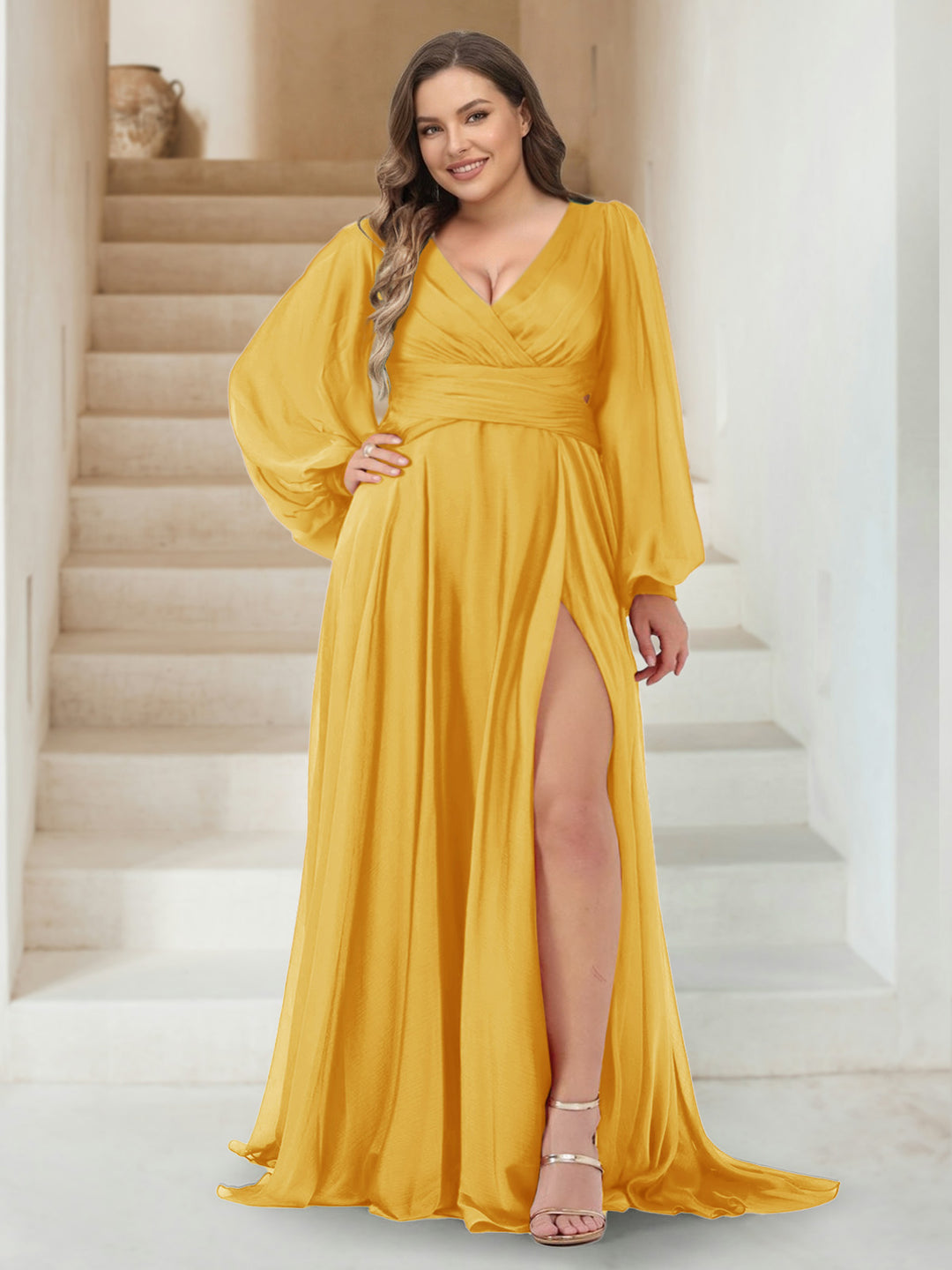 A-Line/Princess V-Neck Long Sleeves Floor Length Plus Size Bridesmaid Dresses with Split Side