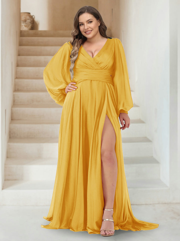 A-Line/Princess V-Neck Long Sleeves Floor Length Plus Size Bridesmaid Dresses with Split Side