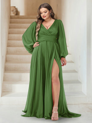 A-Line/Princess V-Neck Long Sleeves Floor Length Plus Size Bridesmaid Dresses with Split Side