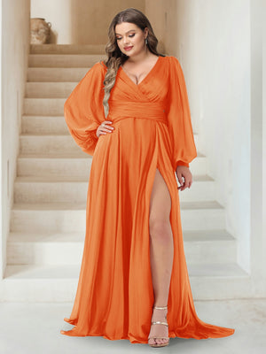 A-Line/Princess V-Neck Long Sleeves Floor Length Plus Size Bridesmaid Dresses with Split Side