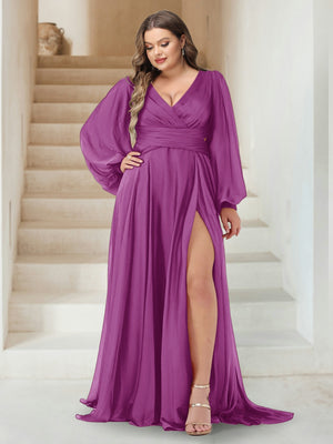 A-Line/Princess V-Neck Long Sleeves Floor Length Plus Size Bridesmaid Dresses with Split Side