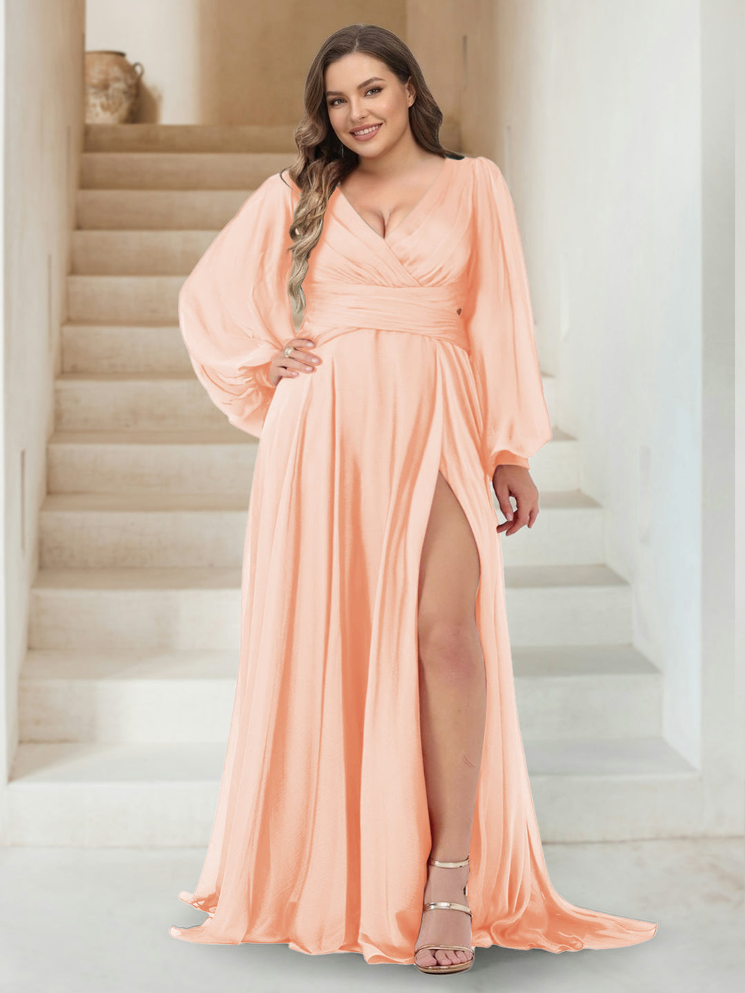 A-Line/Princess V-Neck Long Sleeves Floor Length Plus Size Bridesmaid Dresses with Split Side