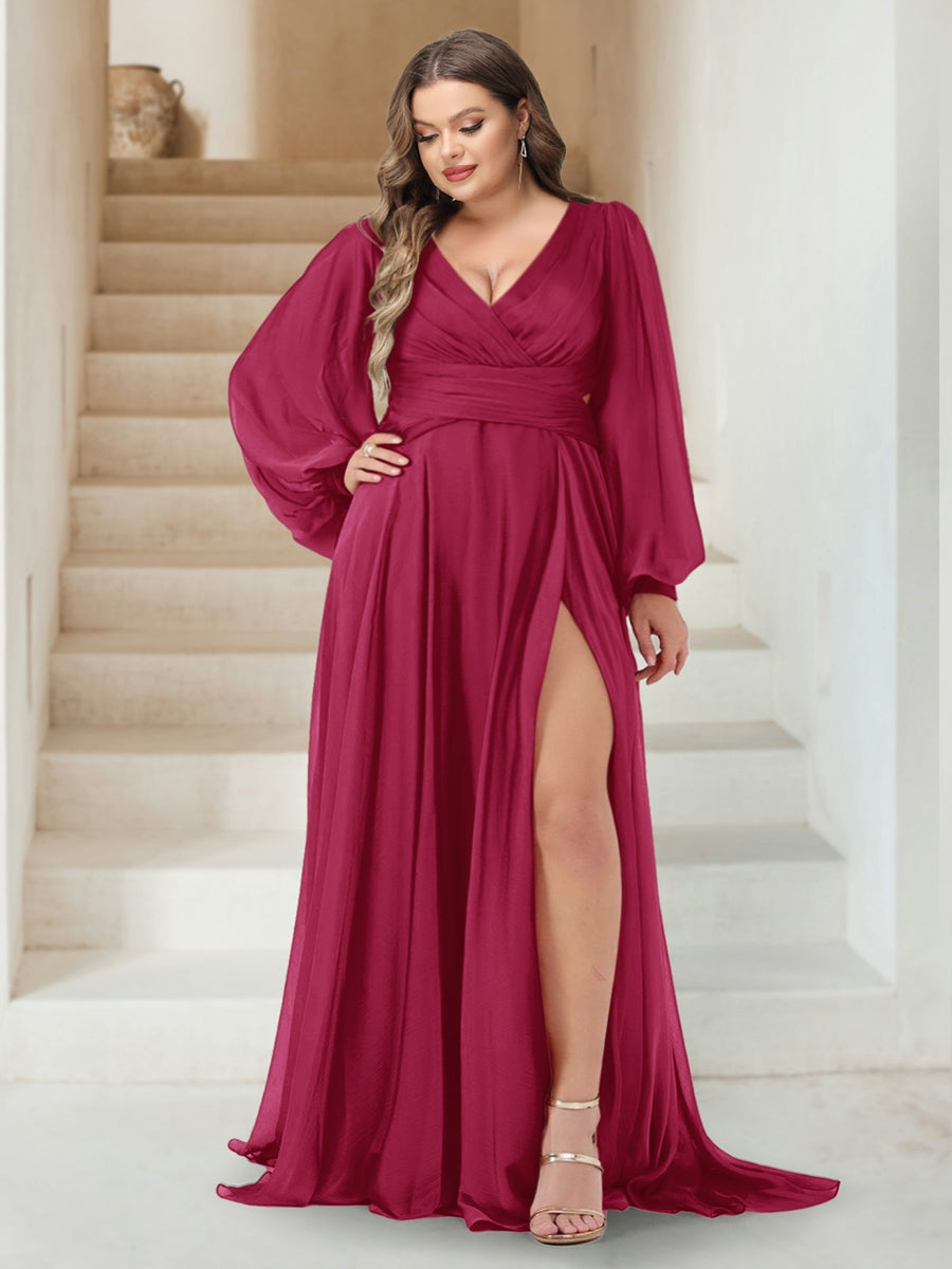 A-Line/Princess V-Neck Long Sleeves Floor Length Plus Size Bridesmaid Dresses with Split Side