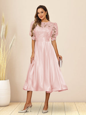 A-Line/Princess V-Neck Puffy Sleeves Tea-Length Evening Dresses
