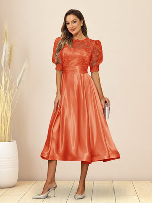 A-Line/Princess V-Neck Puffy Sleeves Tea-Length Evening Dresses