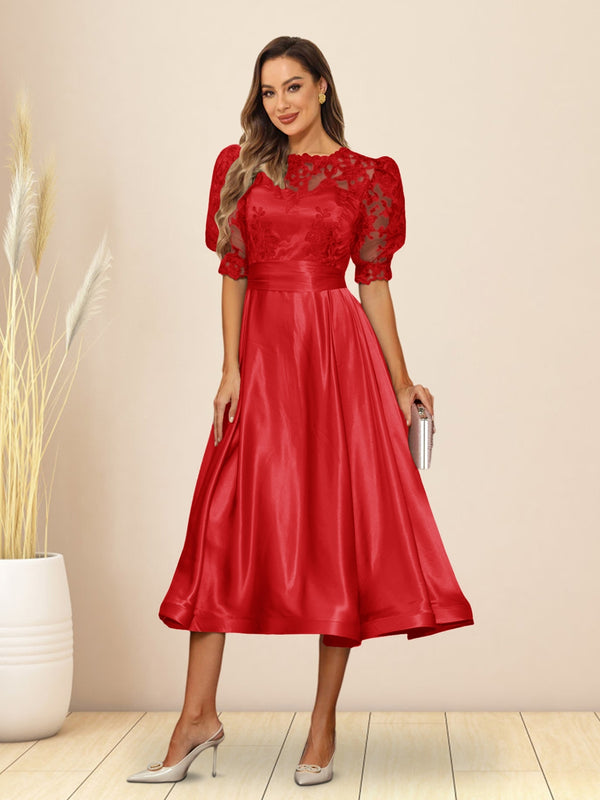 A-Line/Princess V-Neck Puffy Sleeves Tea-Length Evening Dresses