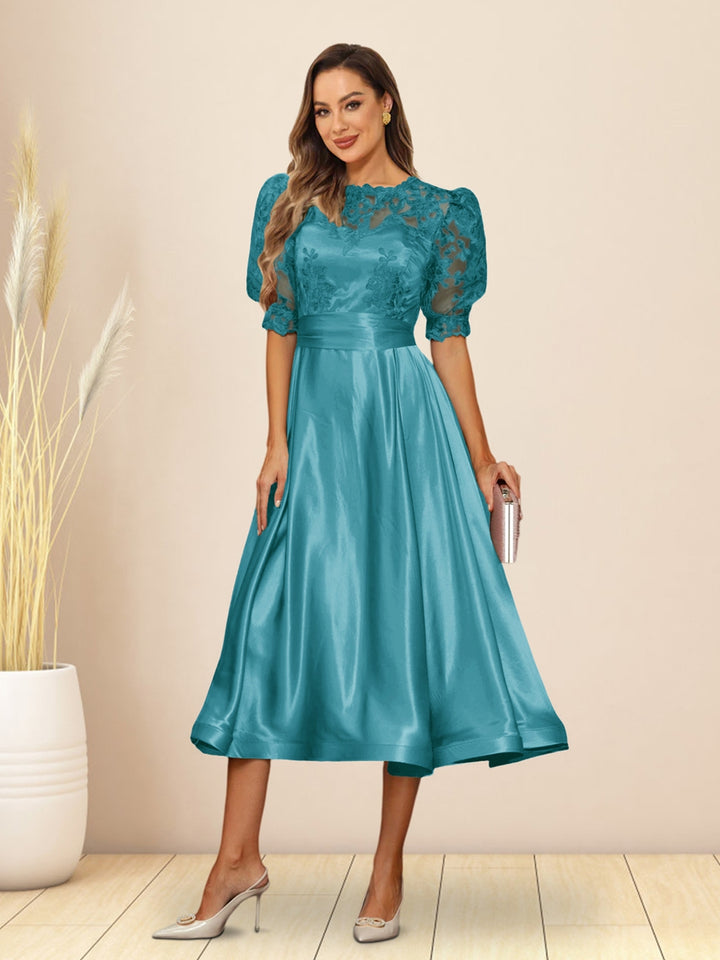 A-Line/Princess V-Neck Puffy Sleeves Tea-Length Evening Dresses