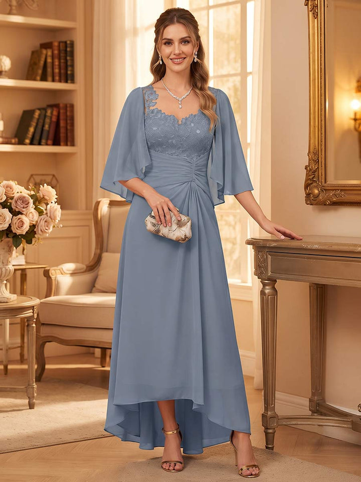 A-Line/Princess V-Neck 3/4 Sleeves Asymmetrical Mother of the Bride Dresses with Appliques