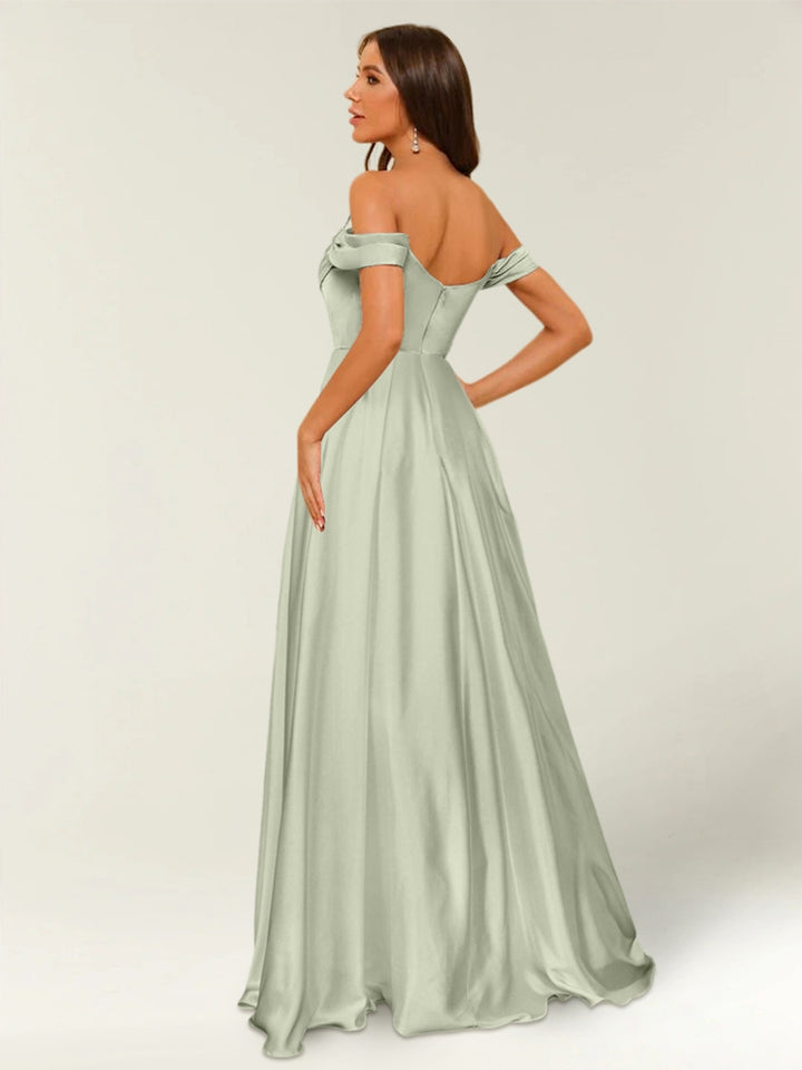 Floor-Length Off-the-Shoulder Long Formal Dresses with Split Side &amp; Ruched