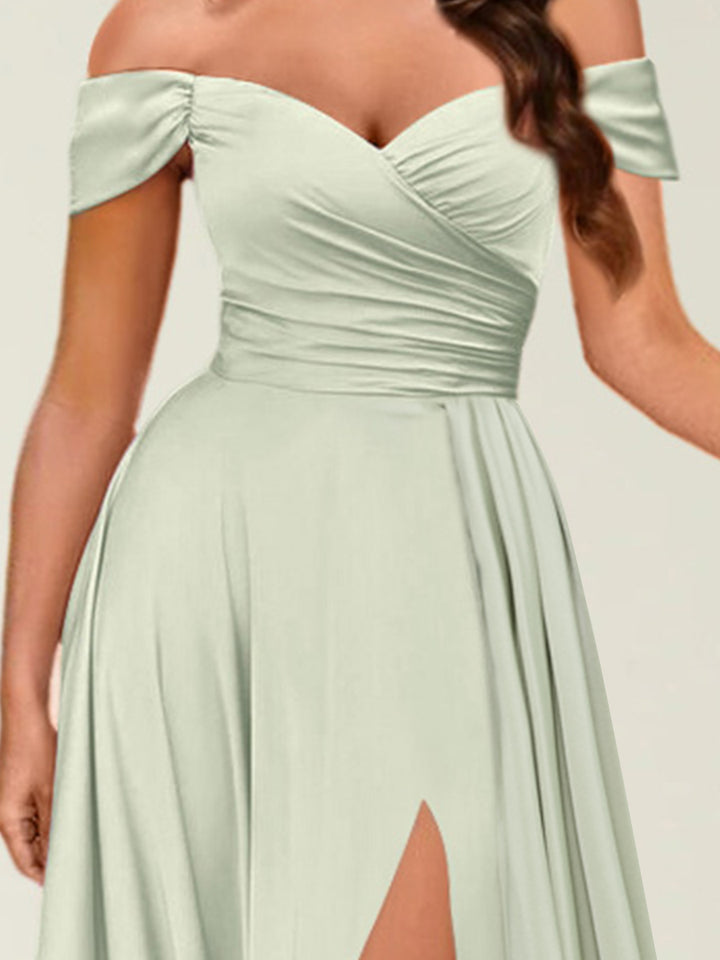 Floor-Length Off-the-Shoulder Long Formal Dresses with Split Side &amp; Ruched
