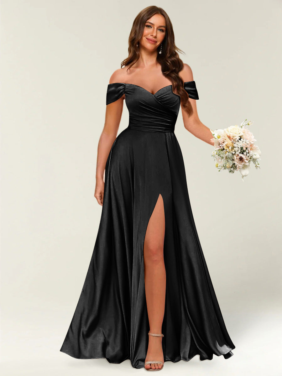Floor-Length Off-the-Shoulder Long Formal Dresses with Split Side &amp; Ruched