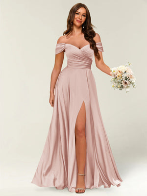 full length dresses formal Lavetir Champagne Floor-Length Off-the-Shoulder Long Formal Dresses with Split Side & Ruched 2026