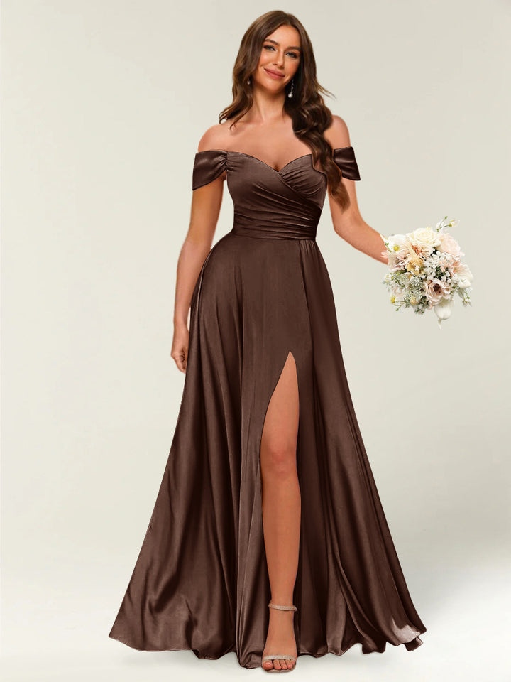 Floor-Length Off-the-Shoulder Long Formal Dresses with Split Side &amp; Ruched