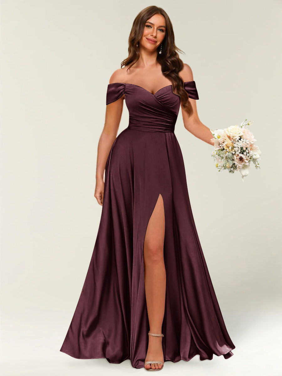 Floor-Length Off-the-Shoulder Long Formal Dresses with Split Side &amp; Ruched