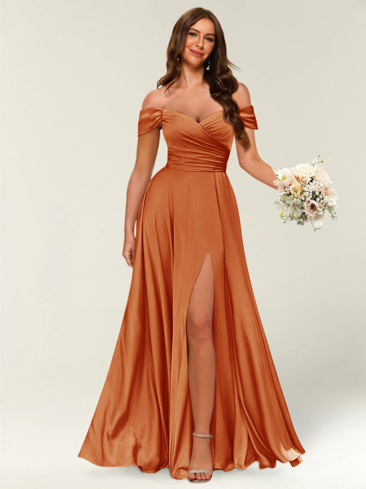 Floor-Length Off-the-Shoulder Long Formal Dresses with Split Side &amp; Ruched