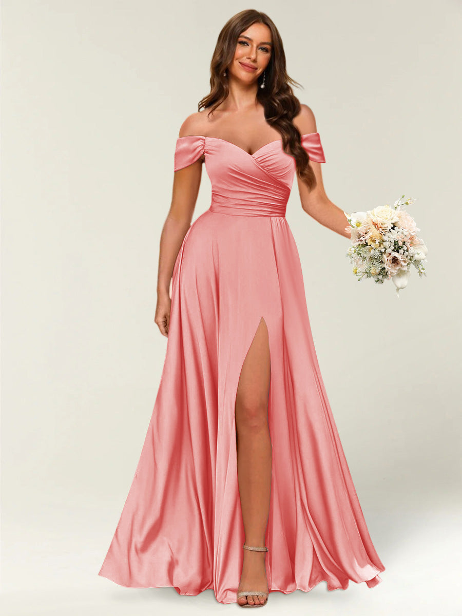 Floor-Length Off-the-Shoulder Long Formal Dresses with Split Side & Ru – Lavetir