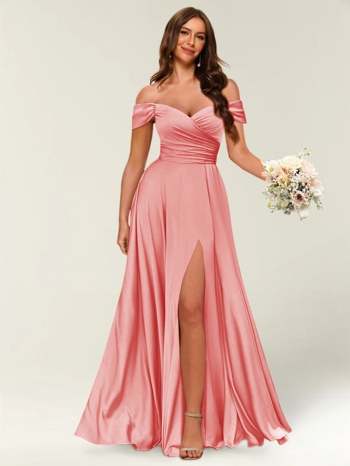 Floor-Length Off-the-Shoulder Long Formal Dresses with Split Side &amp; Ruched