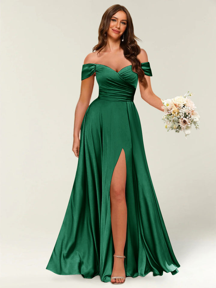 Floor-Length Off-the-Shoulder Long Formal Dresses with Split Side &amp; Ruched