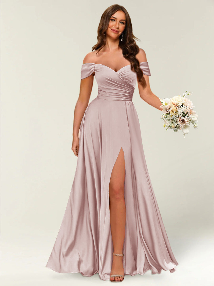 Lavetir Peach Pink Floor-Length Off-the-Shoulder Long Formal Dresses with Split Side & Ruched 2026