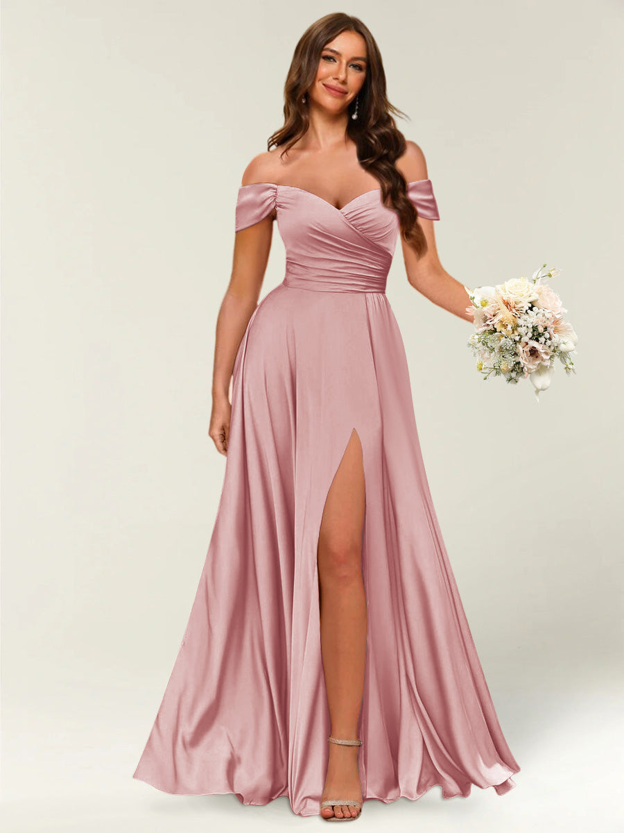 Lavetir Pearl Pink Floor-Length Off-the-Shoulder Long Formal Dresses with Split Side & Ruched 2026