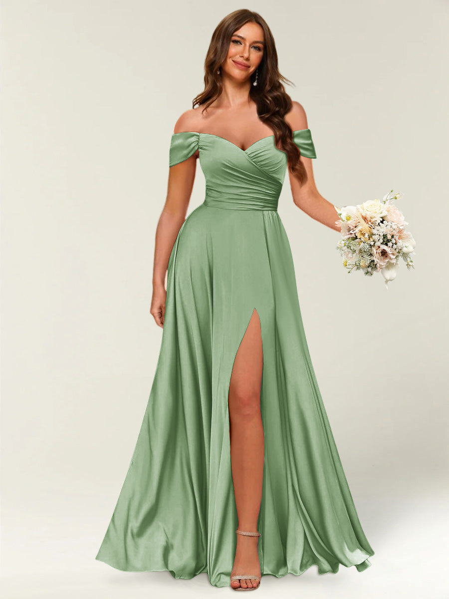 Floor-Length Off-the-Shoulder Long Formal Dresses with Split Side &amp; Ruched