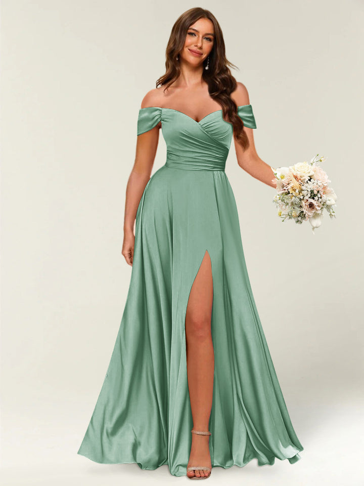 Floor-Length Off-the-Shoulder Long Formal Dresses with Split Side &amp; Ruched