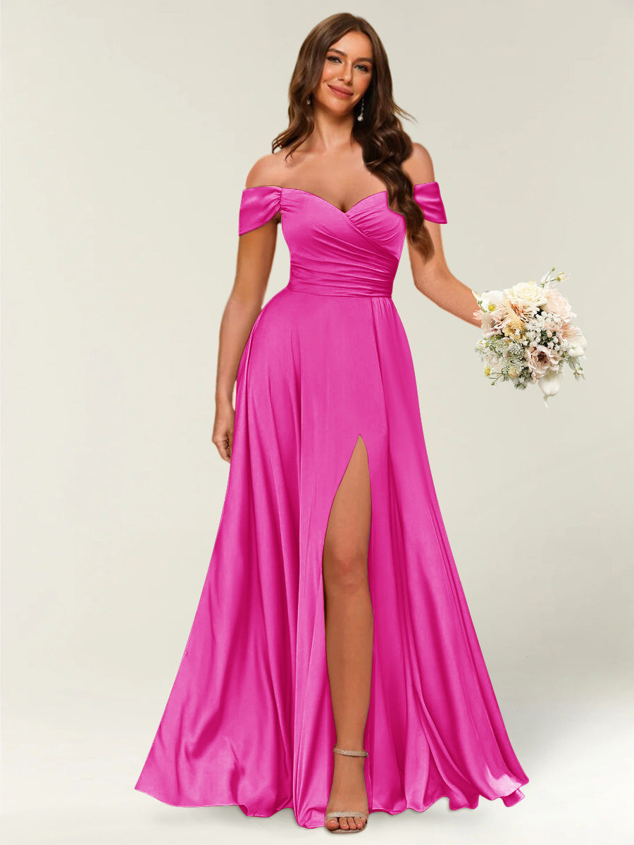 Lavetir Hot Pink Floor-Length Off-the-Shoulder Long Formal Dresses with Split Side & Ruched 2026